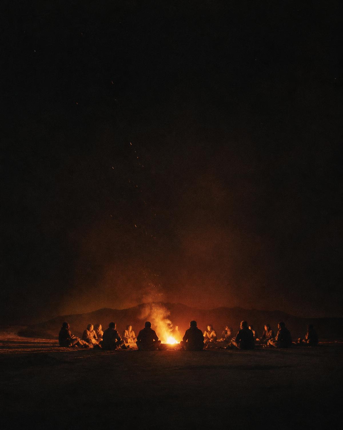 A circle of figures gathered around a fire in the desert at night