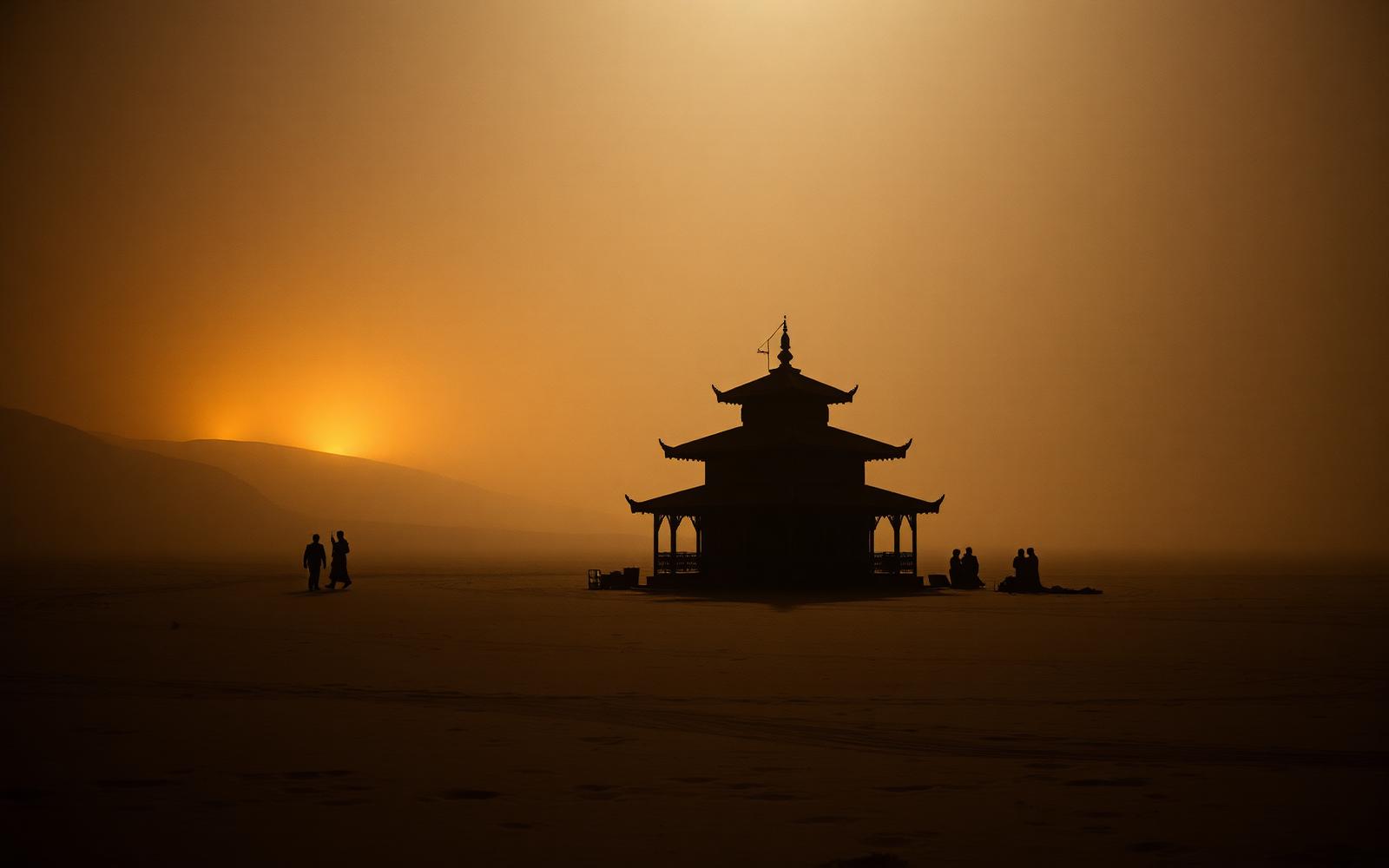 A temple silhouette on the desert playa in glowing dust at dusk